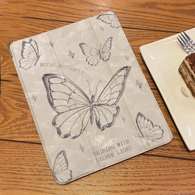 【三折式电镀蝴蝶】苹果ipad11平板保护套华为air笔槽软壳全包防摔