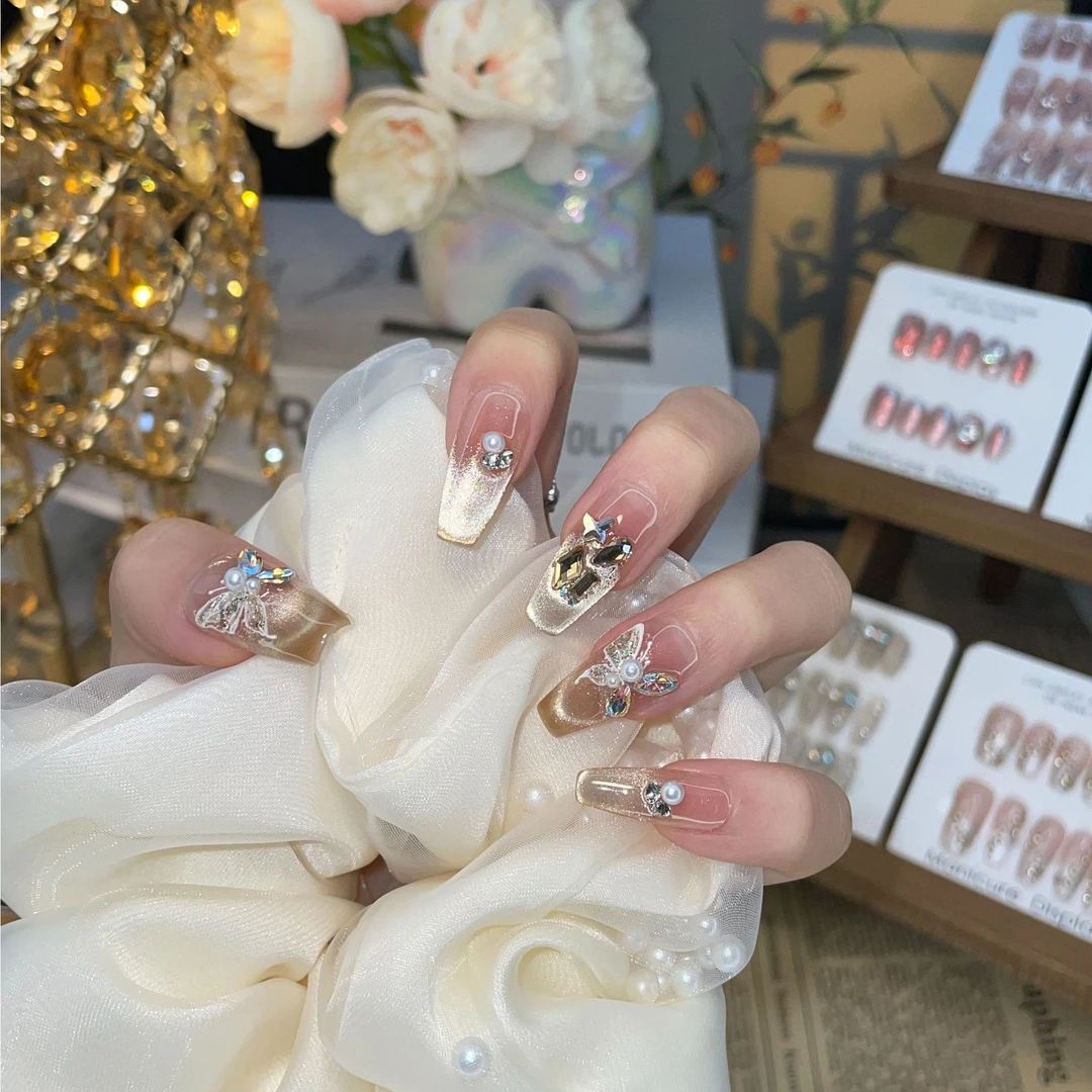【金秋奢蝶】秋冬新款纯手工穿戴甲闪钻轻奢气质假指甲光疗美甲