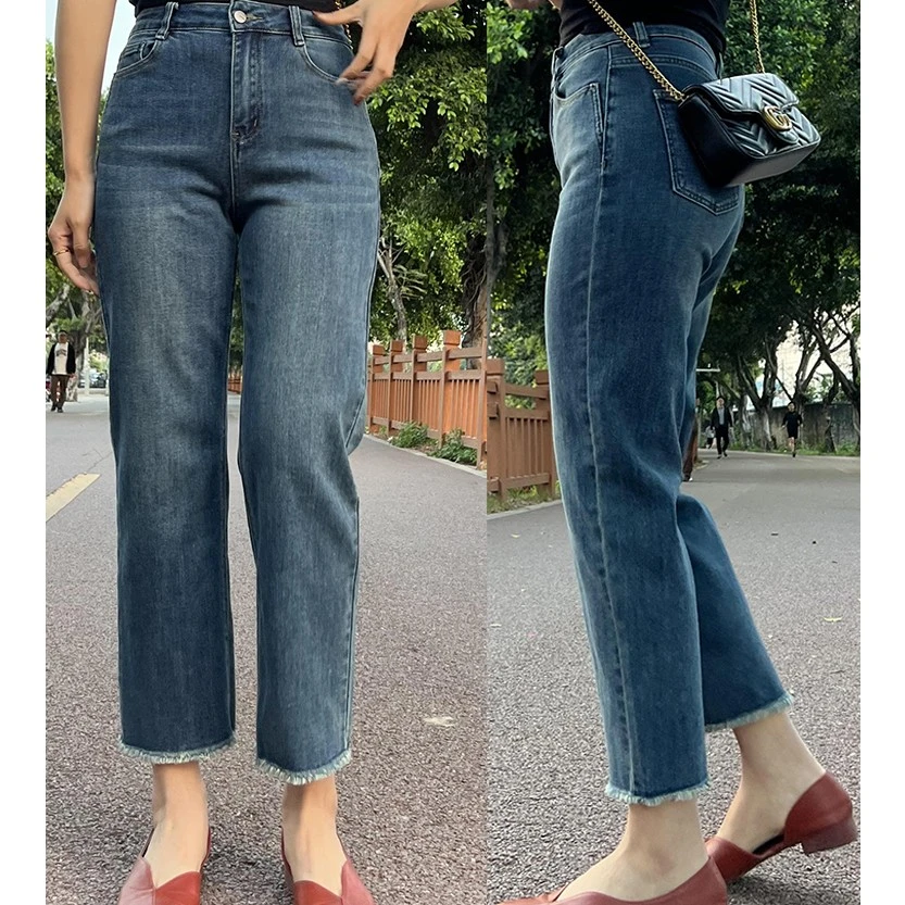新款大码女装直筒大版牛仔裤胖MM高腰弹力显瘦法棍裤九分烟管裤