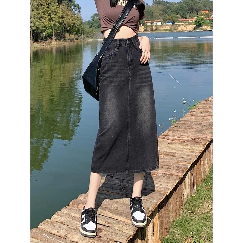 大码黑灰色牛仔半身裙女秋季中长款高腰a字裙胖mm梨型身材显瘦裙