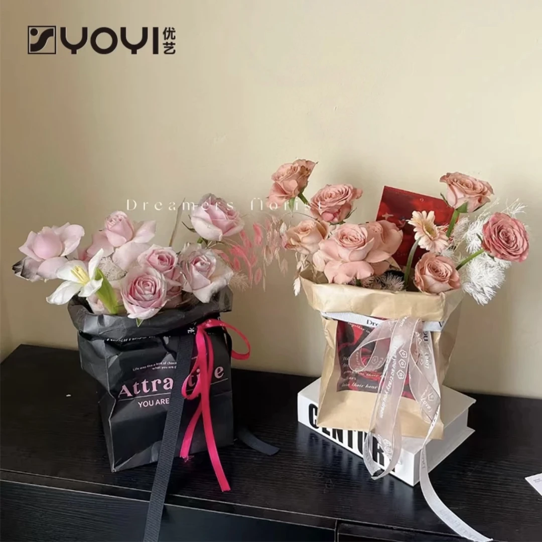 优艺 水洗牛皮抱抱袋2个装粉色英文手捧袋收纳袋防水牛皮纸插花袋