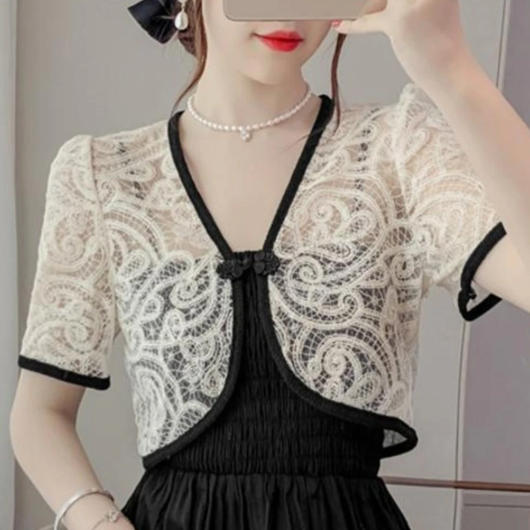 04蕾丝防披肩上衣夏季配吊带裙子新款女短款外搭感短袖网纱开衫薄