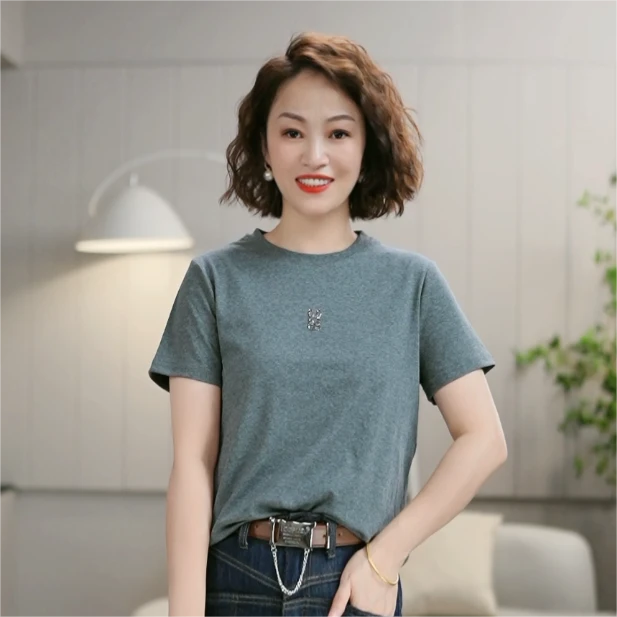 【柯家服饰】夏季新款短款上衣设计感圆领短袖修身百搭打底T恤上衣