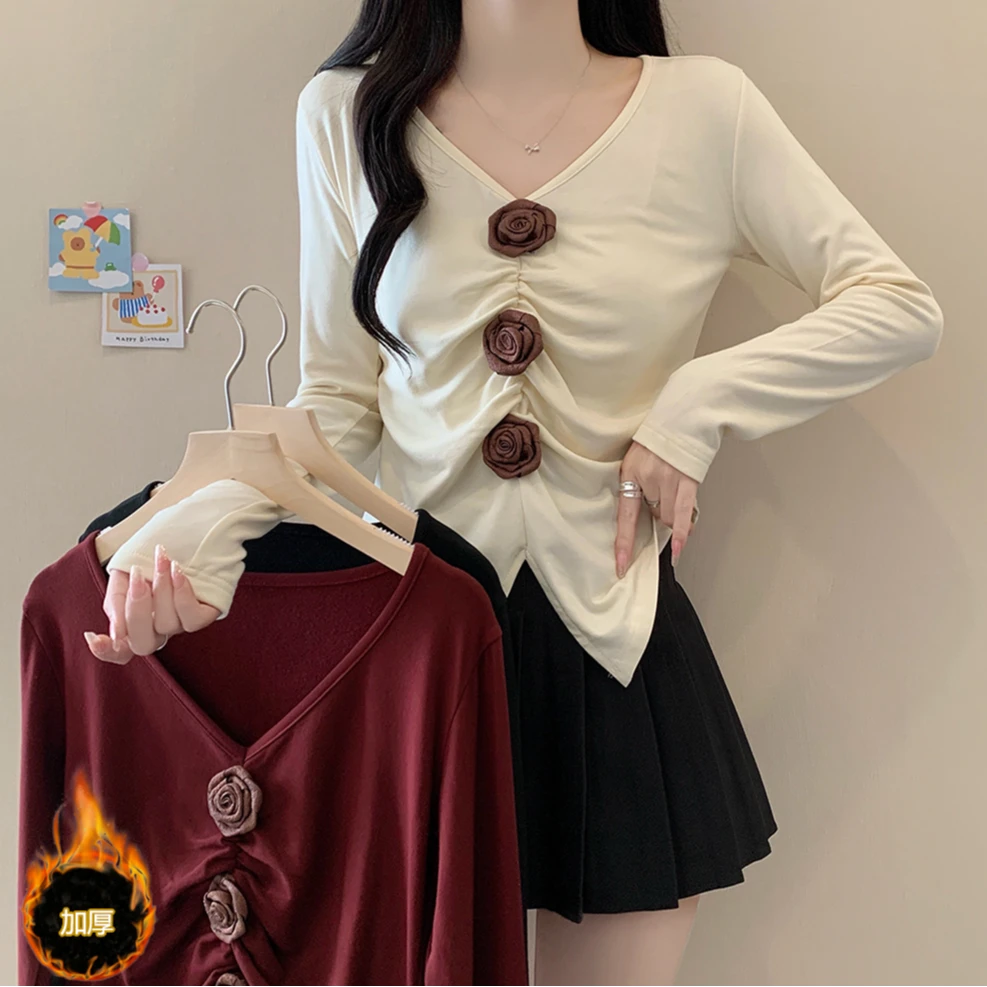 2024秋冬大码女装立体玫瑰褶皱V领加厚保暖打底衫