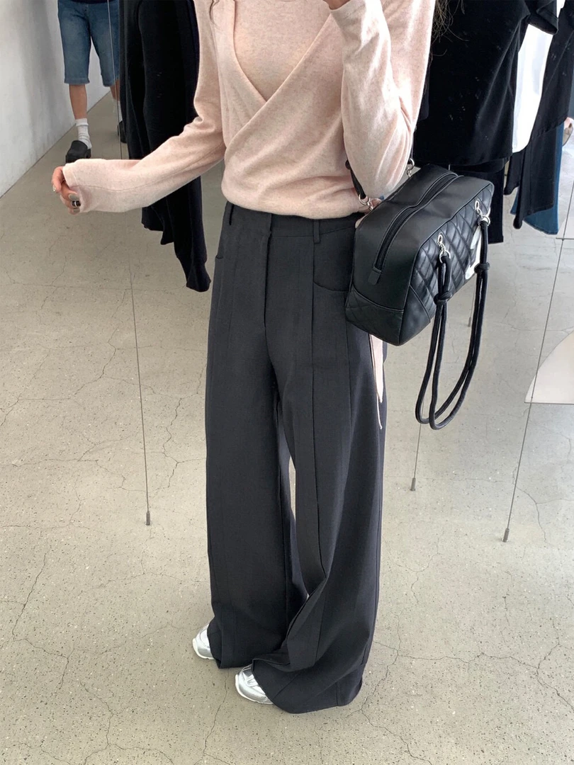 清冷感高级压褶阔腿裤宽松直筒休闲西装裤子女西裤