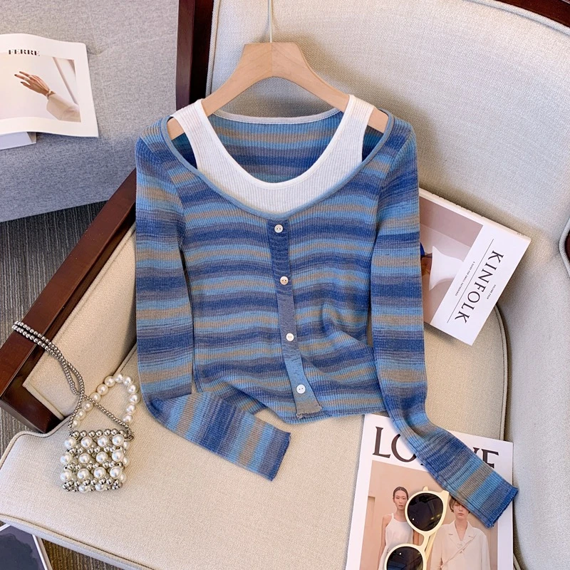 假两件条纹长袖t恤女2024早秋新款打底衫薄内搭针织衫秋季上衣