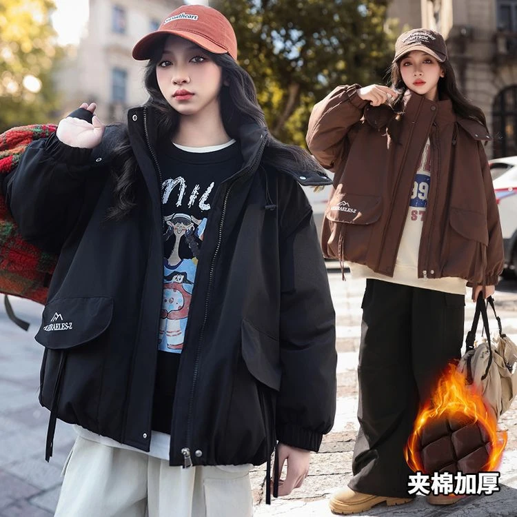 女童棉服冬款夹棉棉服年新款洋气中大童户外休闲穿搭保暖连帽外套