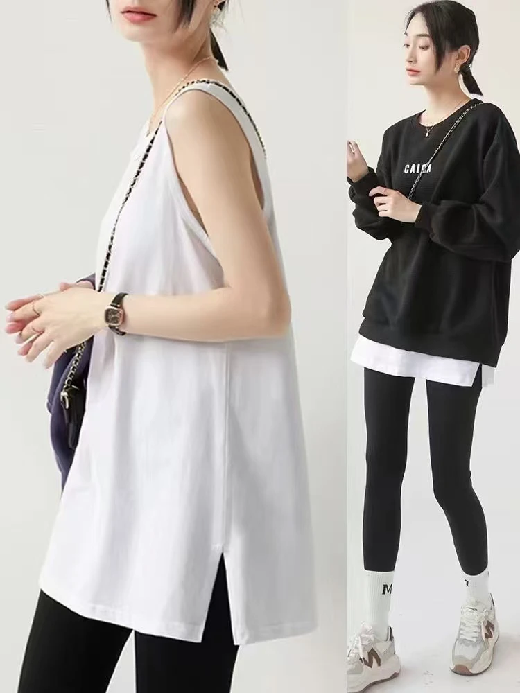 （伴侣）卫衣打底内搭背心女中长款纯棉白色遮屁股叠穿吊带打底衫