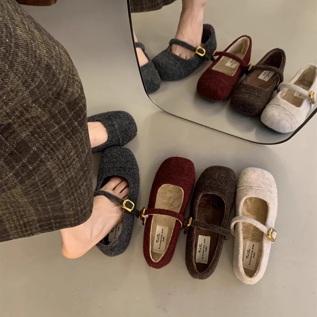 毛毛鞋女秋冬外穿新款法式复古仙女风圆头玛丽珍单鞋加绒平底棉鞋