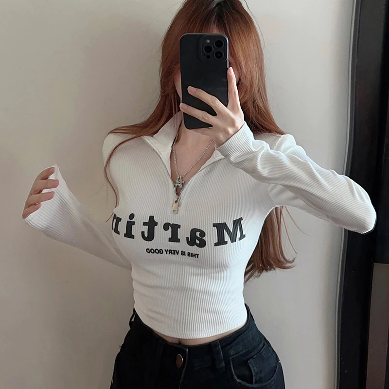 2024秋冬半高领打底衫字母印花短款长袖T恤女