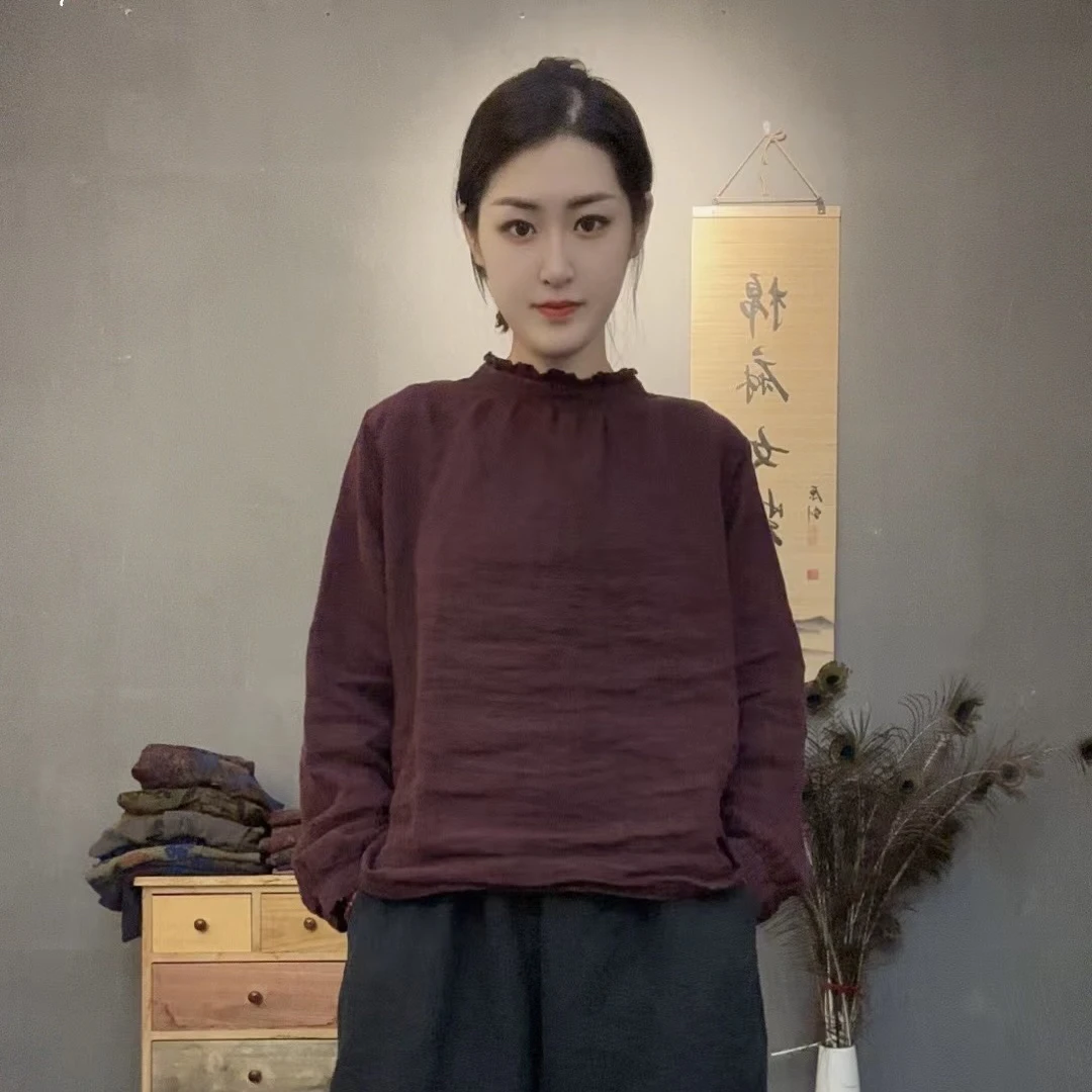 木耳边亚麻衬衫早秋高级感古着慵懒风休闲长袖上衣