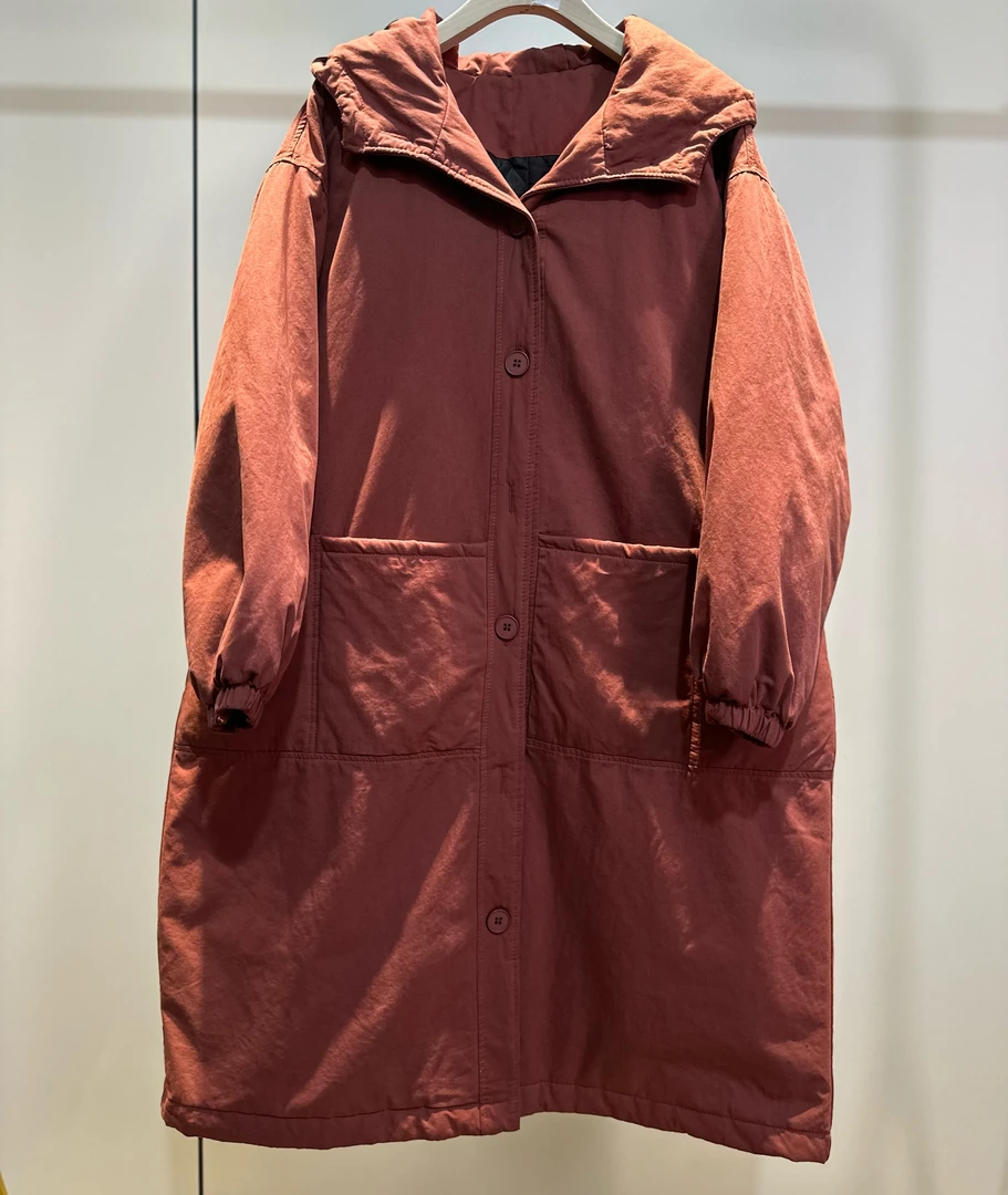 2024冬装文艺连帽宽松大码纯色单排扣棉衣加厚款中长款棉服外套