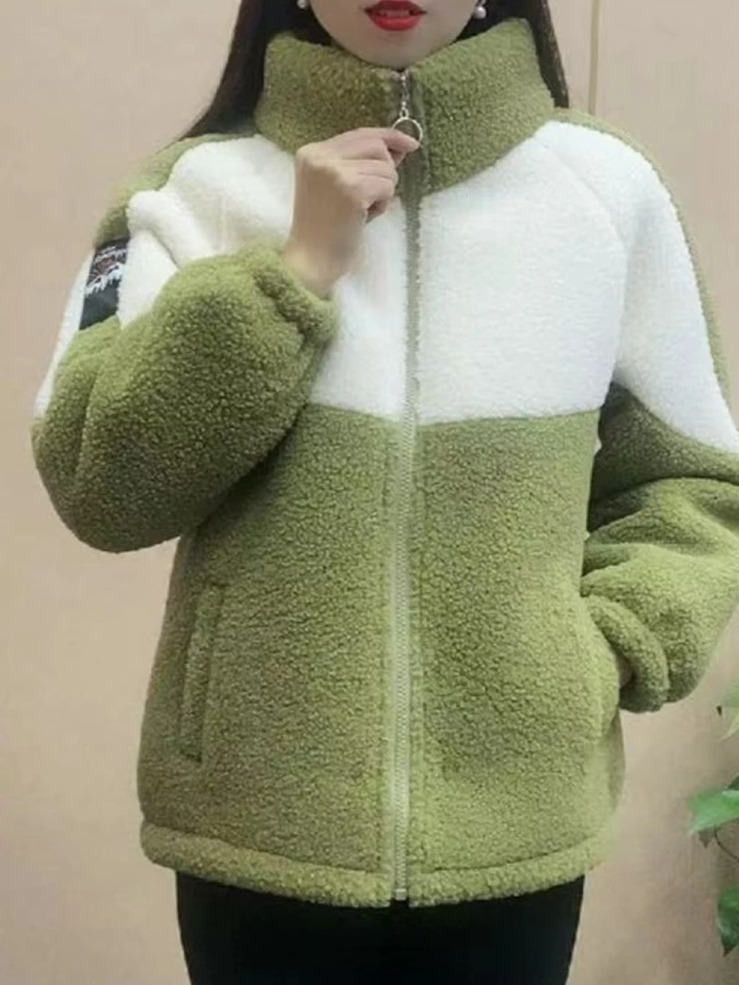 2025秋冬新款经典混搭拼接颜色袖标洋气加绒加厚颗粒绒保暖外套