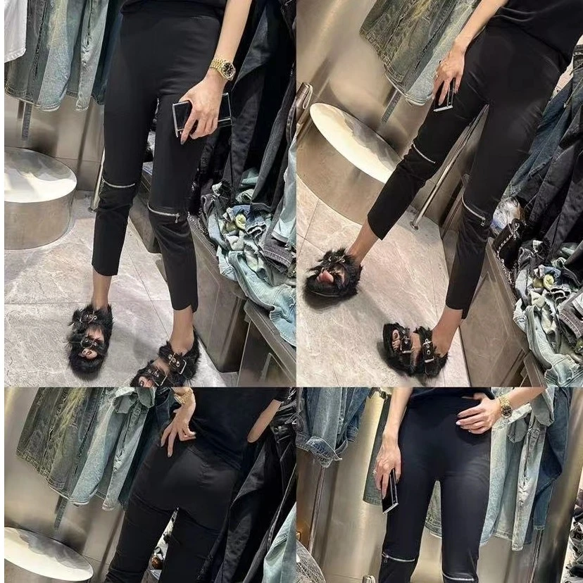 226008#欧货拉链纸皮裤