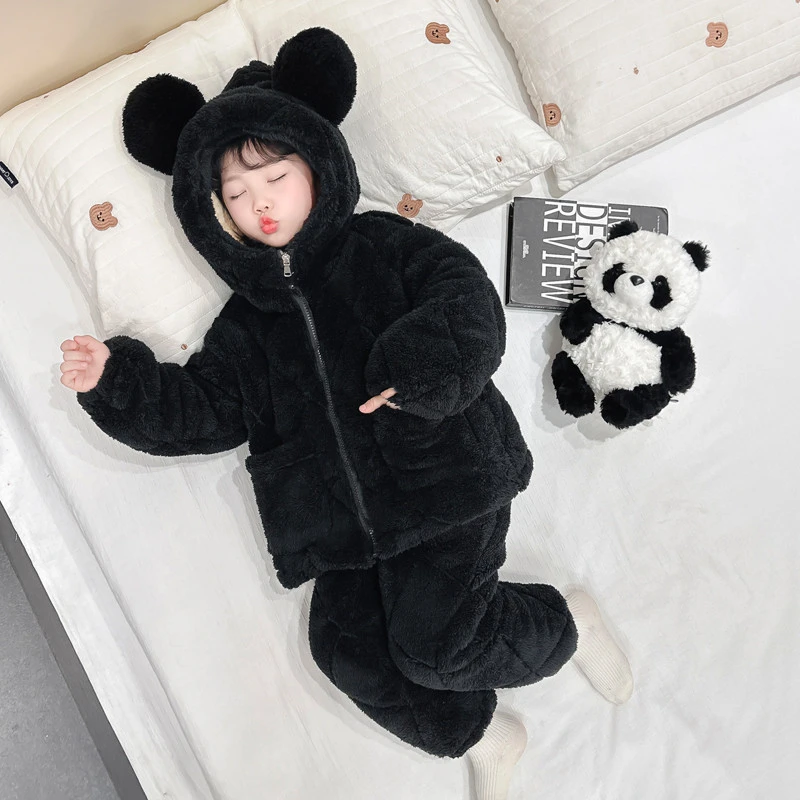 儿童睡衣女童冬款三层夹棉加厚珊瑚绒可爱连帽套装冬季女宝家居服