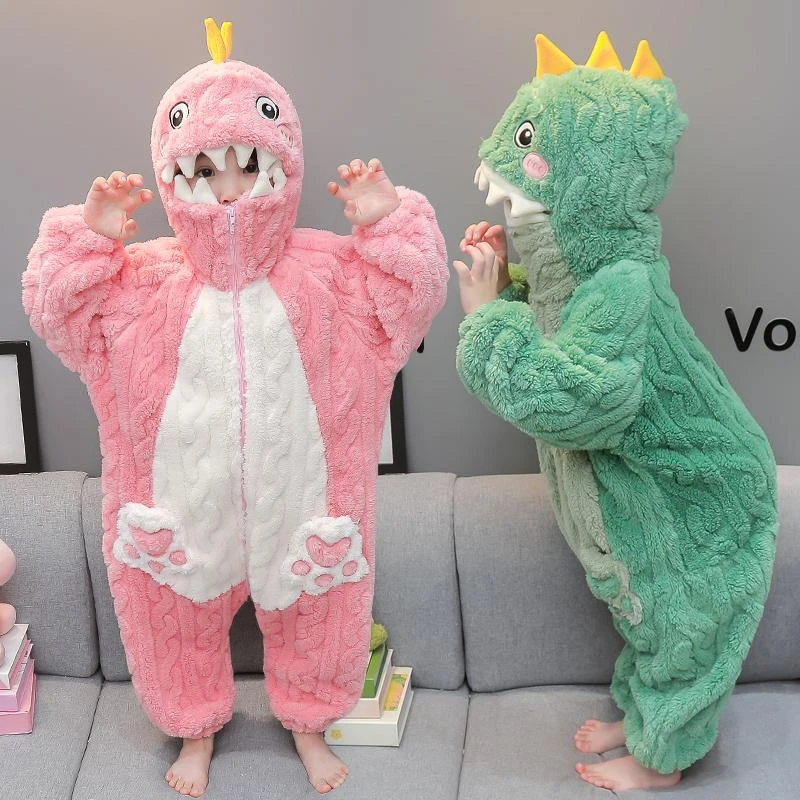 女童连体睡衣秋冬珊瑚绒儿童恐龙加厚保暖爬服宝宝法兰绒睡袋冬季