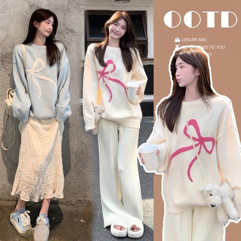 2024秋冬孕妇装毛衣韩系软糯蝴蝶结圆领百搭宽松慵懒风针织衫上衣