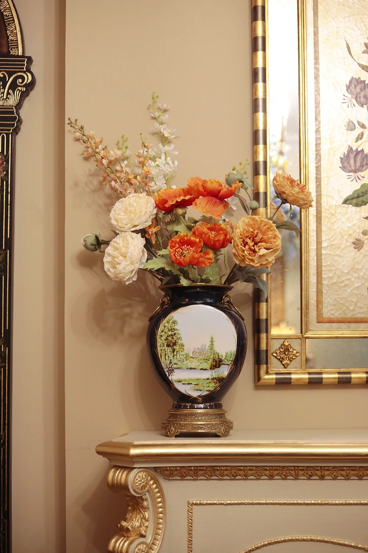 潇允饰家/铜配瓷花瓶/手绘高温瓷/中式美式法式/桌面摆件