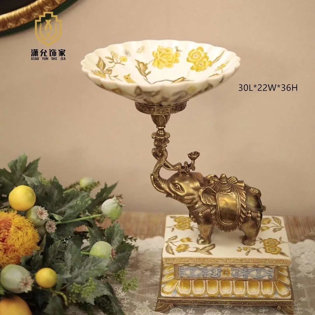 潇允饰家/手工铜配瓷/秋之歌系列/陶瓷彩绘精致大象果盘桌面摆件