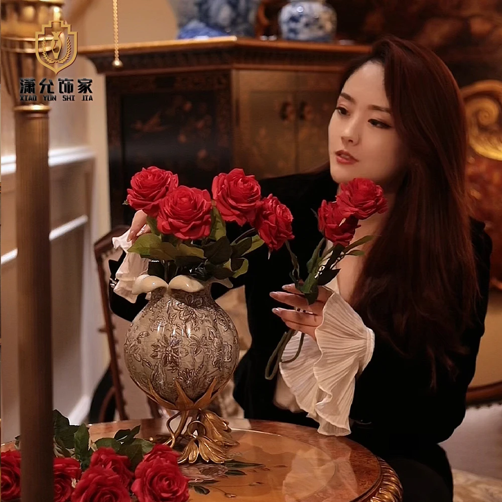 潇允饰家/铜配瓷花瓶/美式/法式/客厅花苞/玄关/卧室/装饰摆件