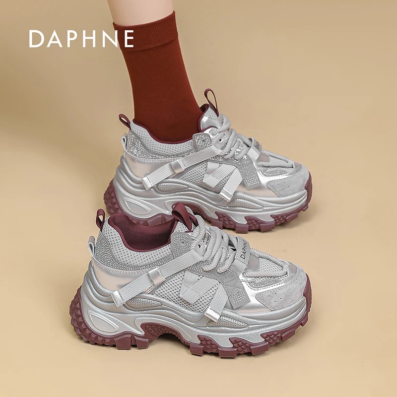 达芙妮厚底增高银色老爹鞋女2025新款真皮小个子户外运动休闲女鞋