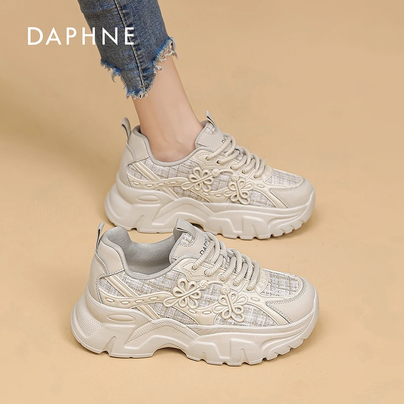 达芙妮真皮国风老爹鞋女2025新款网面透气时尚百搭休闲运动鞋