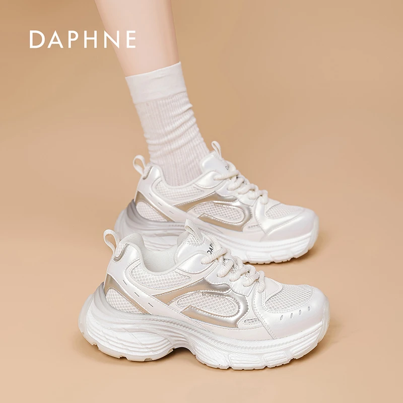 达芙妮百搭网面厚底老爹鞋女2025秋夏新款高档真皮软底休闲鞋