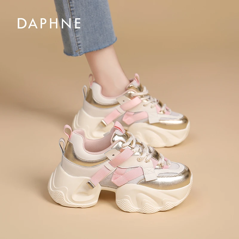 达芙妮真皮老爹鞋2025夏季新款透气网面百搭时尚厚底拼色老爹鞋