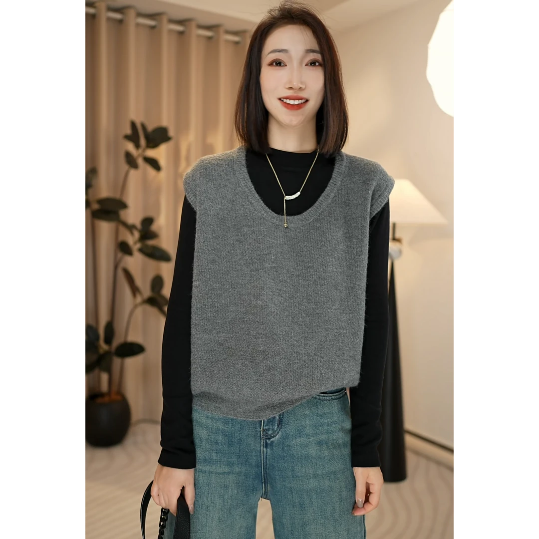 【叠穿神器】慵懒随性U领纯色宽松针织马甲背心百搭时尚圆领秋冬