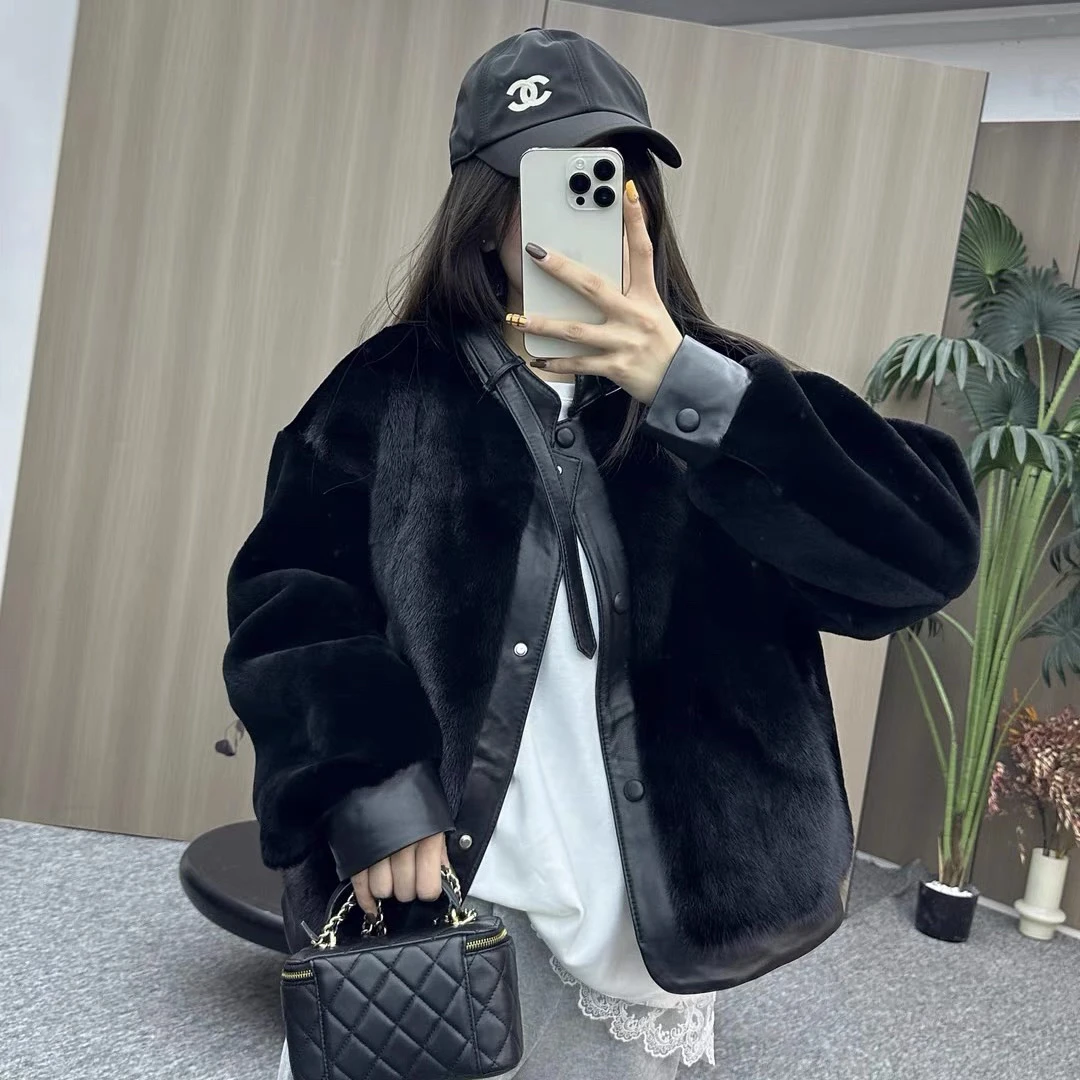 2024秋冬简约款百搭经典机车款毛毛外套