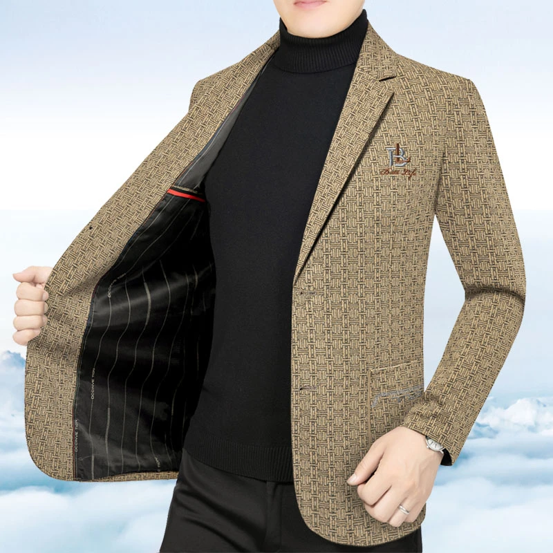 商务男装秋季薄款西装外套中年男士条纹单西上衣宽松版春秋爸爸装