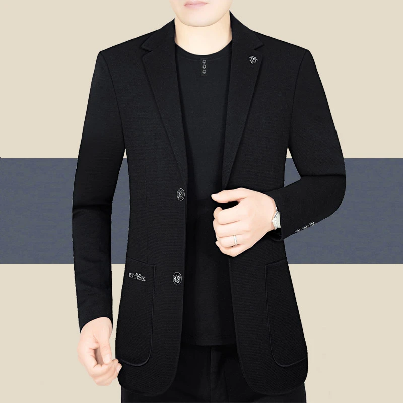 商务男装休闲西装外套纯色中年男士小西装上衣宽松版春秋薄款纯色