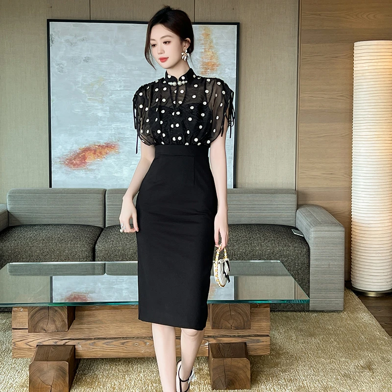 中式国风改良旗袍连衣裙圆点网纱拼接黑色包臀中款气质显瘦50990