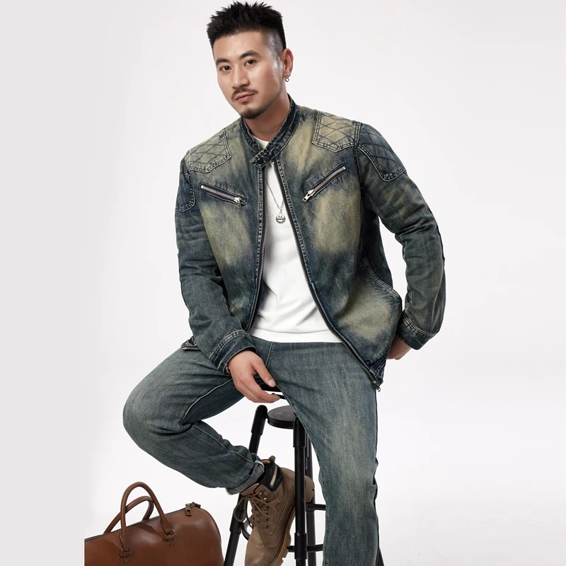 秋冬季牛仔夹克男装男士重工高端复古怀旧修身百搭大码工装上衣