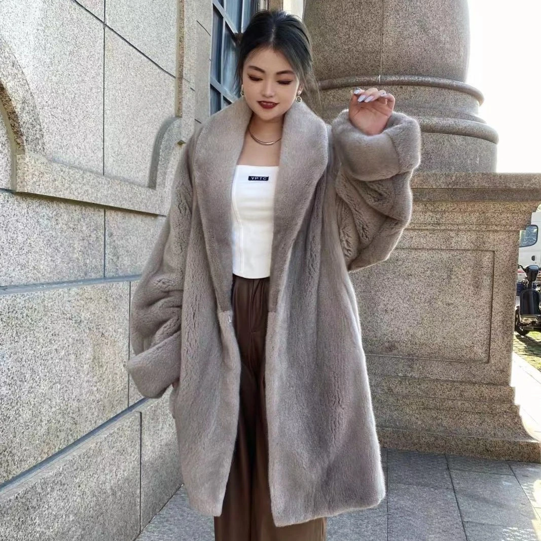 (ECKE)丹麦进口紫金短二天鹅绒长款翻领皮草女宽松整貂