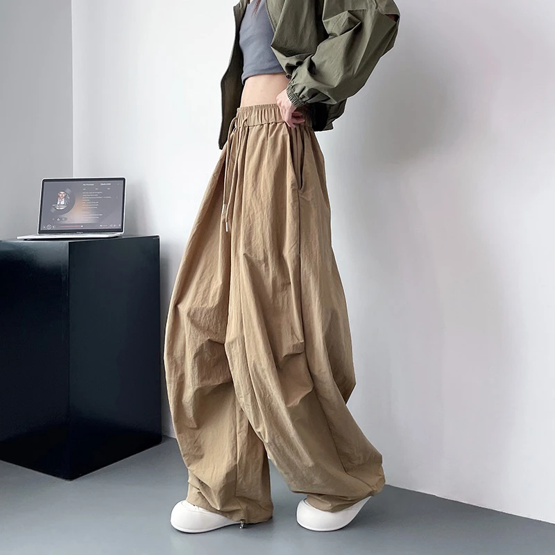 慵懒感时尚裤女秋季大码胖mm宽松显瘦阔腿裤松紧腰抽绳束脚工装裤