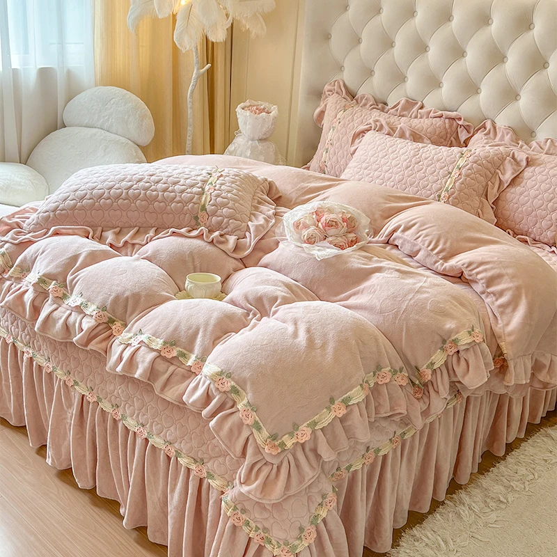 【牛奶绒】冬季公主风纯色加绒加厚保暖被套被罩花边夹棉床盖四件套
