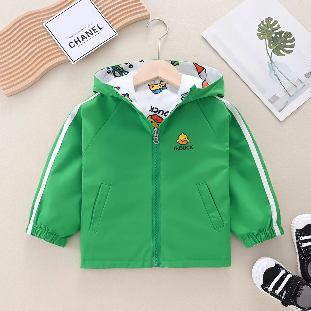 小黄鸭正品春秋季休闲男童女童防风保暖纯色满印花双面冲锋衣外套