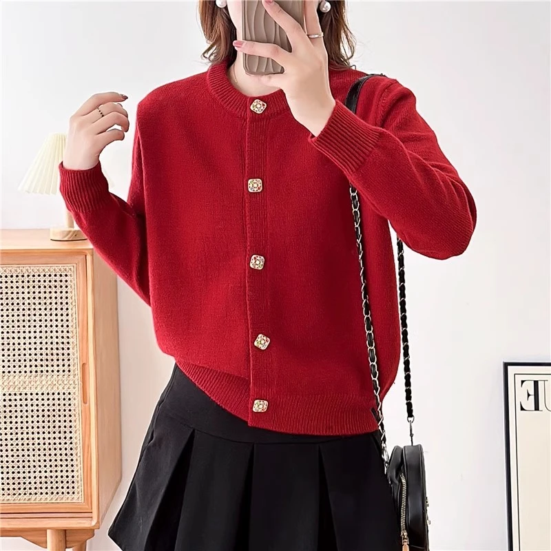 宝石扣春季女装 圆领开衫 圆领长袖开衫时尚百搭网红纯色10726