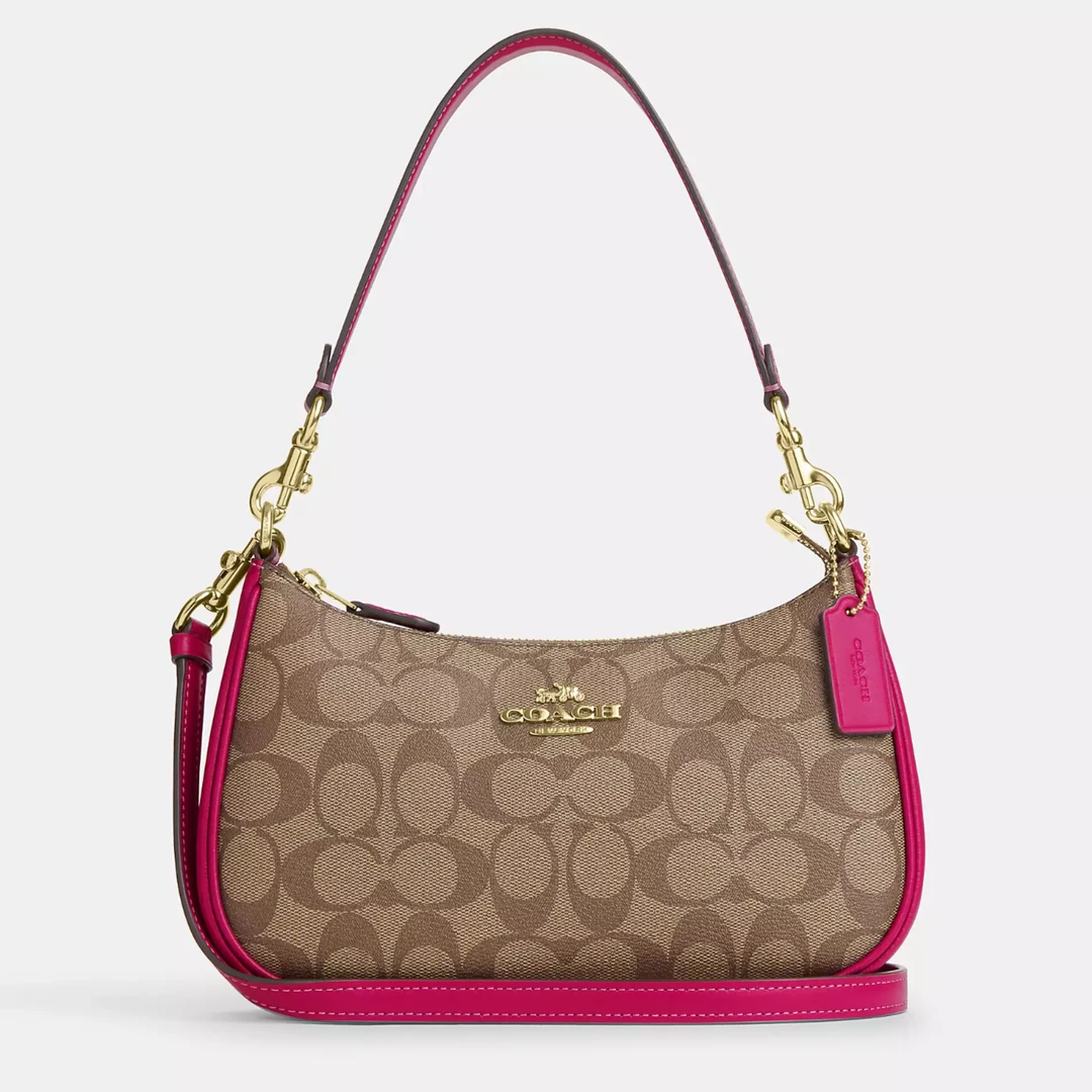 COACH/蔻驰玫红拼卡其老花腋下斜挎包CM714（24*15*7.5cm）