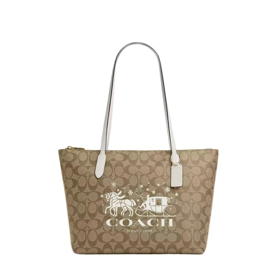 COACH/蔻驰限定马车卡其老花拉链托特包中号CN626(30*26CM)