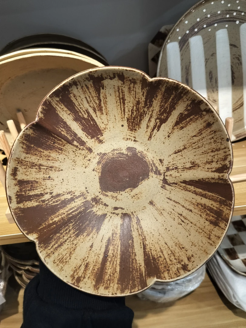 粗陶 8寸复古高脚花口碗手工