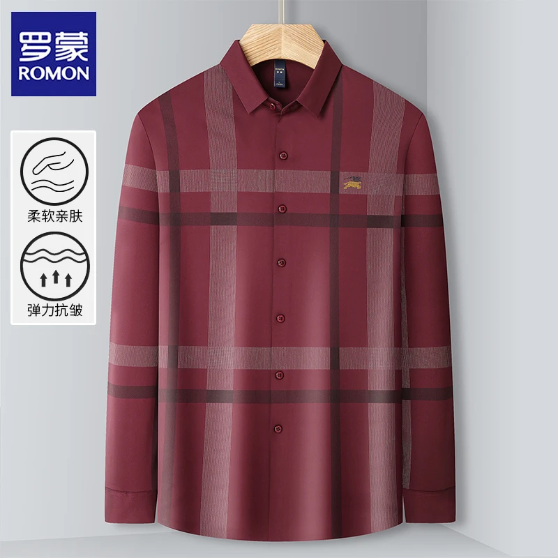 Romon/罗蒙休闲衬衫春秋弹力拼接色块宽松高档大码轻奢时尚长袖