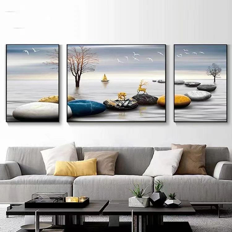 升级版-客厅三联画-【石水相间】晶瓷镶钻画客厅沙发背景墙装饰画