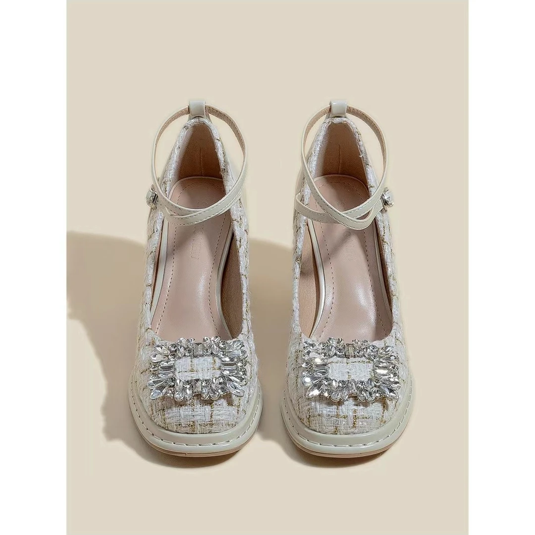 小众粗跟高跟鞋女气质2025新款厚底防水台玛丽珍鞋公主鞋水钻单鞋