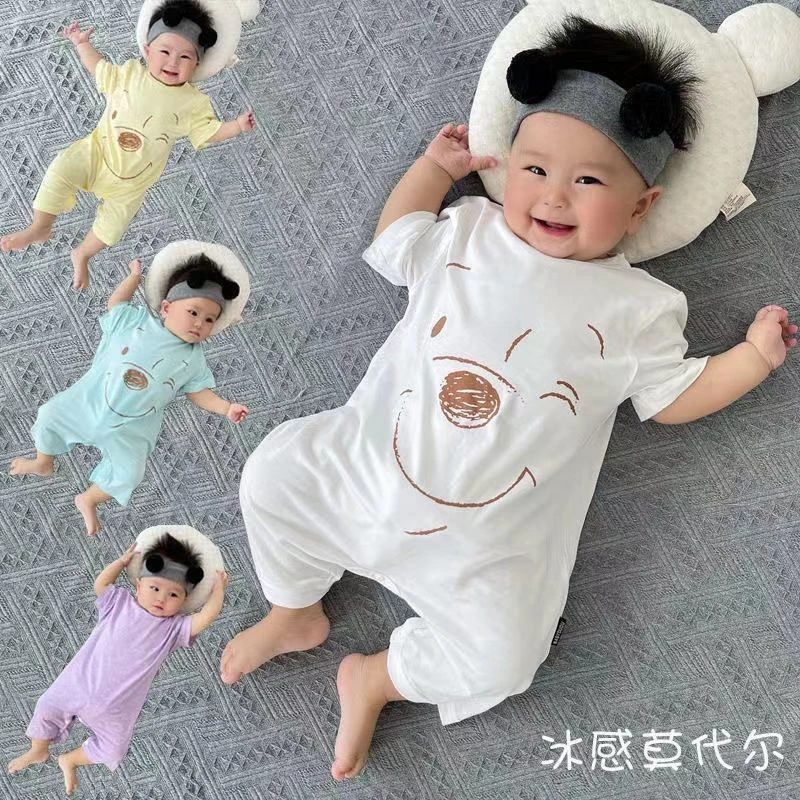 婴儿连体衣夏季薄款衣服莫代尔儿童睡衣宝宝短袖空调服防踢被睡袋