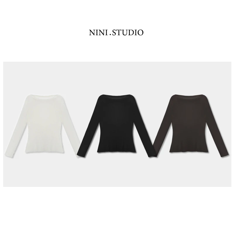 NINI.STUDIO【桑蚕面膜T】桑蚕丝莱赛尔 开口笑小一字肩长袖T恤 春