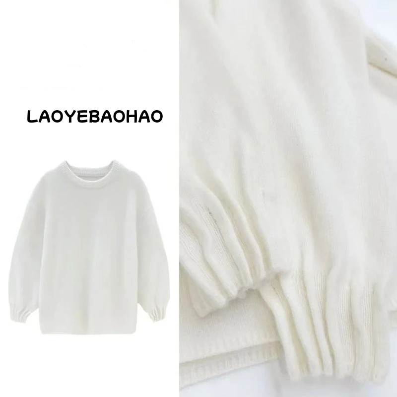 A4【心许百年】纯色圆领休闲宽松长袖毛衣2024冬季遮肚子显瘦打底衫