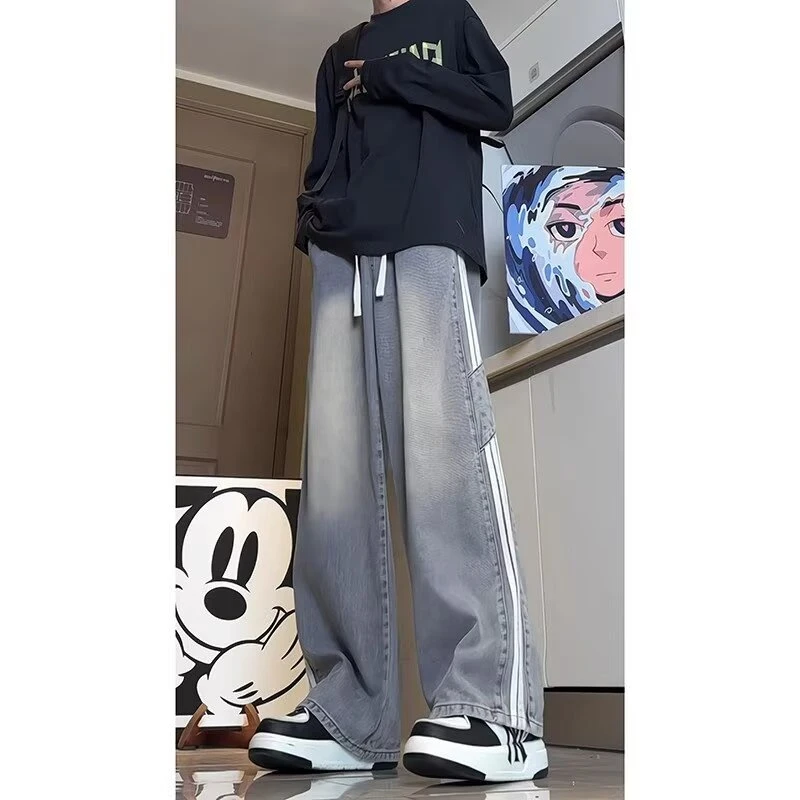 港风潮男秋季新款个性三道杠牛仔裤嘻哈ins潮高街潮流痞帅长裤