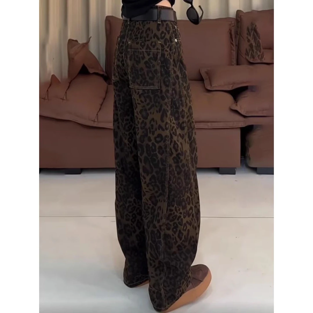 美式豹纹宽松阔腿牛仔裤春秋2024年新款中腰宽松垂感弯刀裤直筒裤